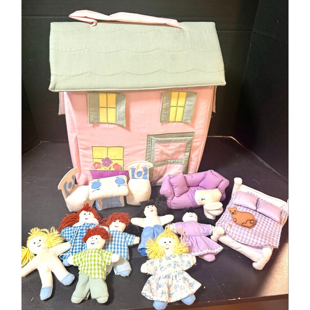 Pottery Barn Kids plush fabric dollhouse 7 people 6 pcs of furniture